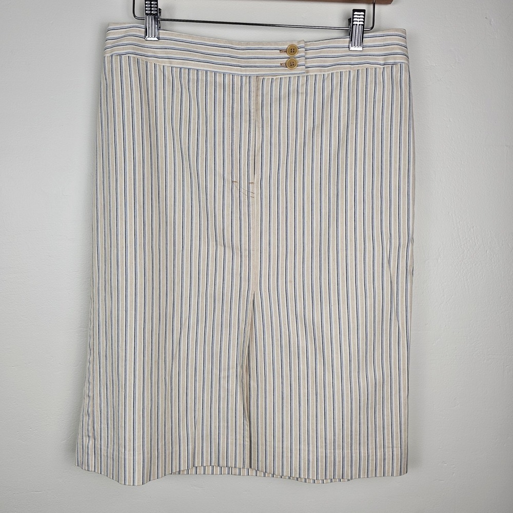 Beige Vertical Stripe Pencil Skirt Women 8 Knee Length Cotton Blend Lined
